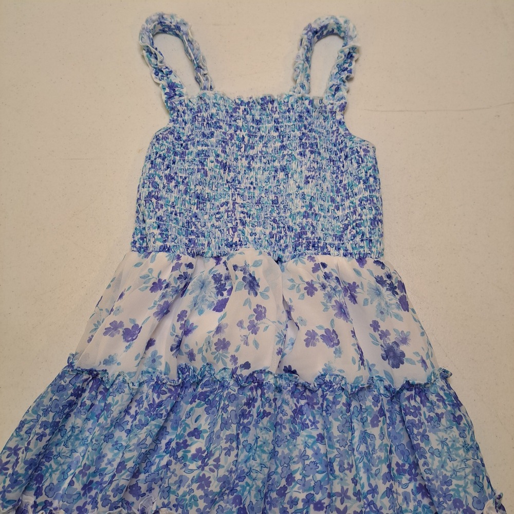 Jona Michelle Girls Dress 10 Blue Floral Smocked Tiered Ruffle 1911-100
